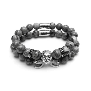 Man Bracelets - Men’s Beaded Bracelets - White Gold Lion & Grey Stones Set - Men’s Bracelet Bracelet XS (14-15cm) Brother & Sisters